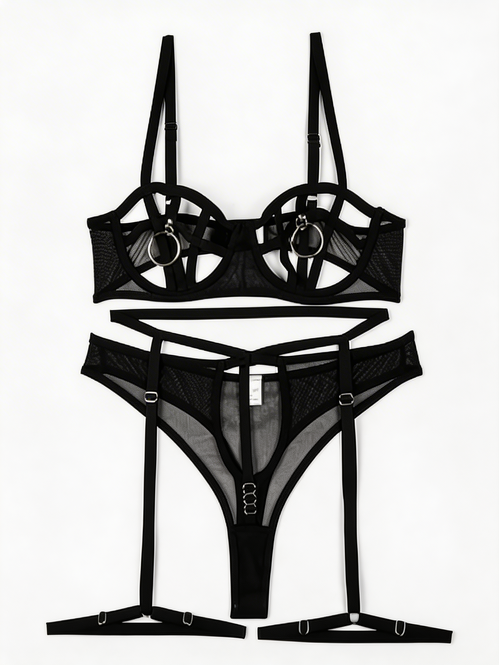 Secret Vows - Set Lenjerie Sexy Negru – Sutien cu Inele, Portjartier High-Waist și Choker