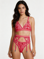 Pink Obsession - Set Lenjerie Sexy Roz Coral cu Dantelă și Inimi